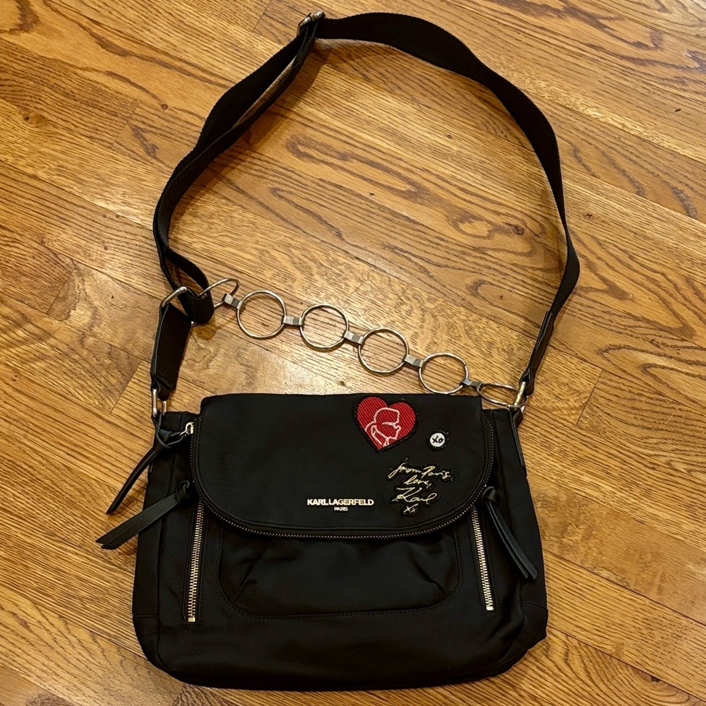 Karl Lagerfeld Paris Cara black nylon flap messenger bag with a heart and logo